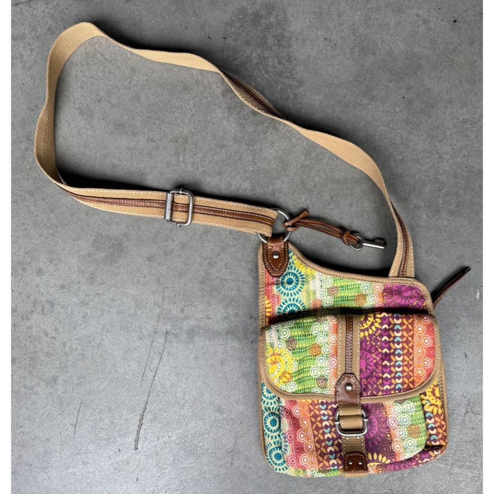 Fossil Key Canvas Crossbody Bag Boho Patchwork Messenger Purse 12" x‎ 10"